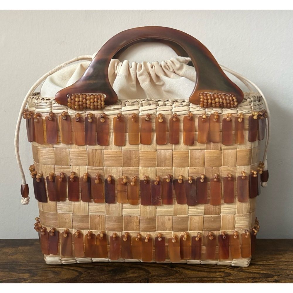 Handwoven Cream and Tan Bead-Embellished Straw Tote